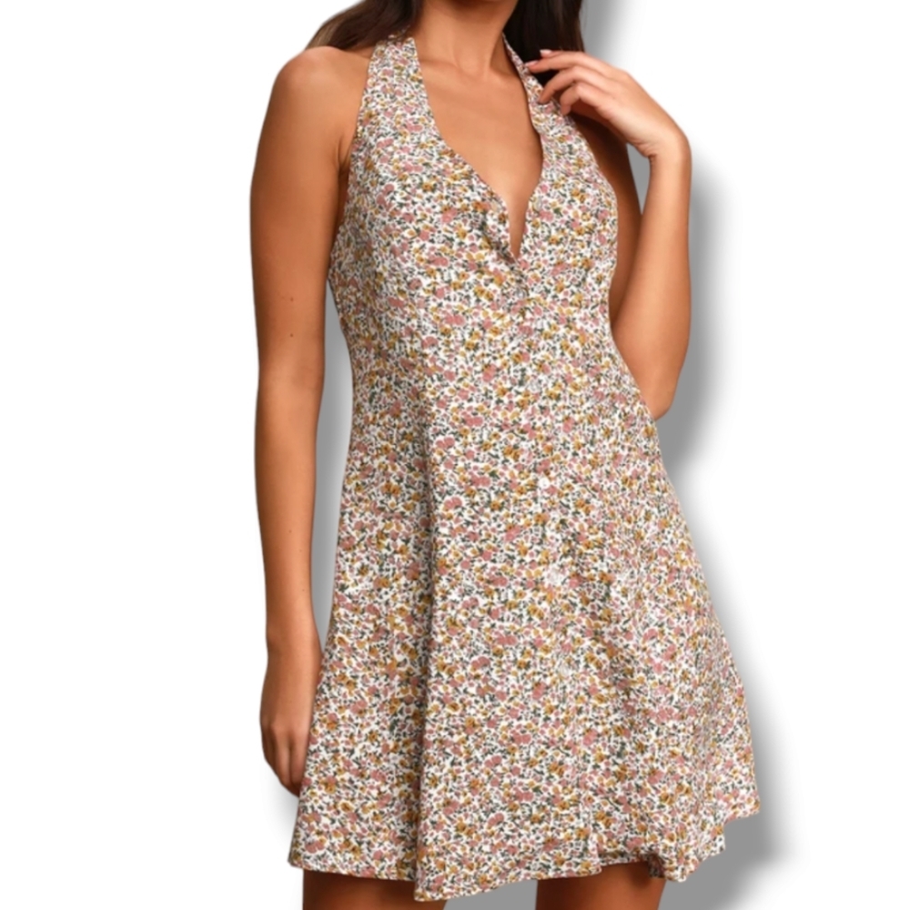 Rolla's Halter Coast White Floral Print Button Up Mini‎ Dress XL